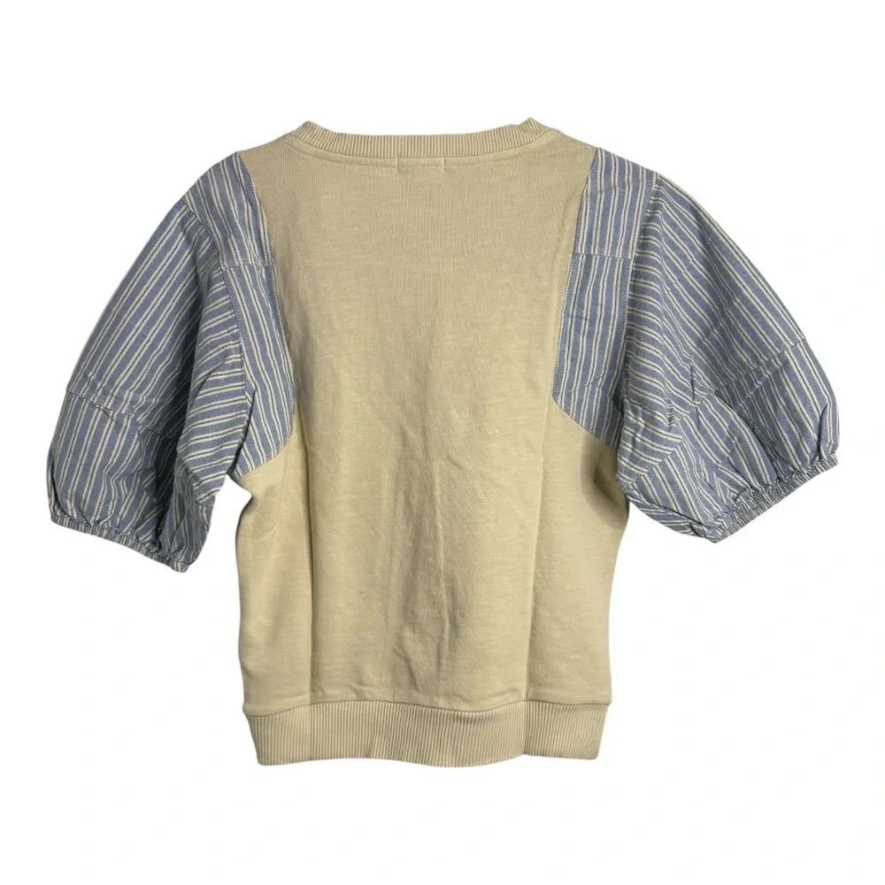 Pilcro Woven Crewneck Puff-Sleeve Top in Beige and‎ Blue Stripe XS NWT - Picture 8 of 14